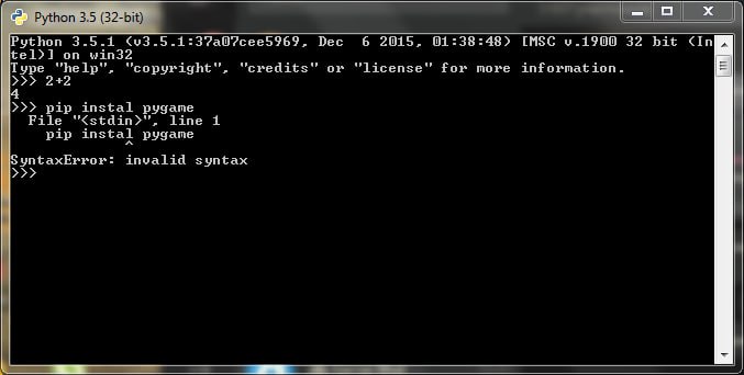 >>> pip install pygame
SyntaxError: invalid syntax Уже прописывал и в командной строке и IDLE Это что...