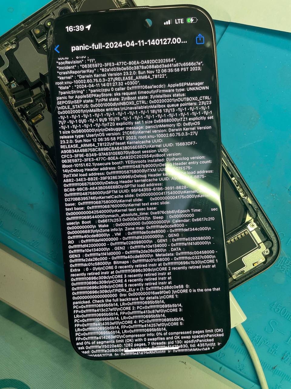 iPhone 15 pro 
После падения в воду. Зависал через пару минут после включения, потом перезагружался....