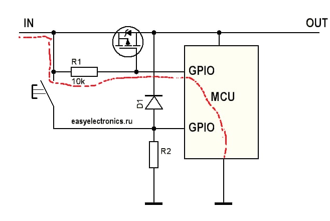 По поводу самозапита для ESP32.

Сначала я нарисовал простенькую схему, которая в теории должна работать...